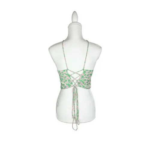 Zara Pink Green Floral Satin Halter‎ Spaghetti Strap Crop Top Size Small - Image 2