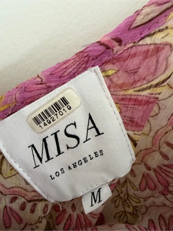 MISA Los Angeles Liv Cold Shoulder Floral Midi Dress Medium Pink Yellow Ruffle - Image 4