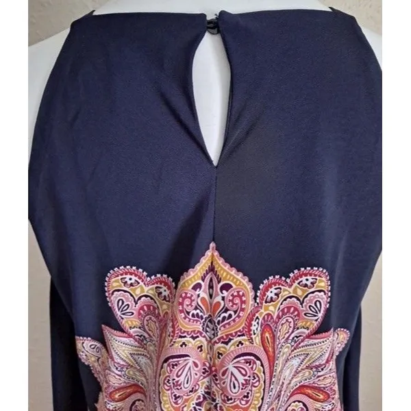 MAGGY LONDON Navy And Coral Floral Asymmetrical handkerchief Gypsy Dress Size 12 - Image 6
