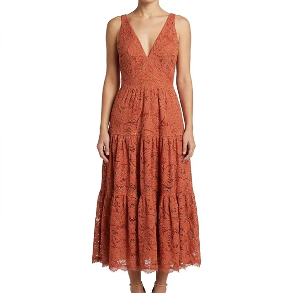 Dress the Population Burnt Orange Gold Lace Tiered V-Neck Midi Dress size S - Image 2