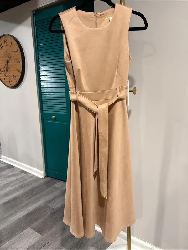 Calvin Klein NWT Sleeveless Belted Faux Suede Fit & Flare Midi Dress - tan - Image 3