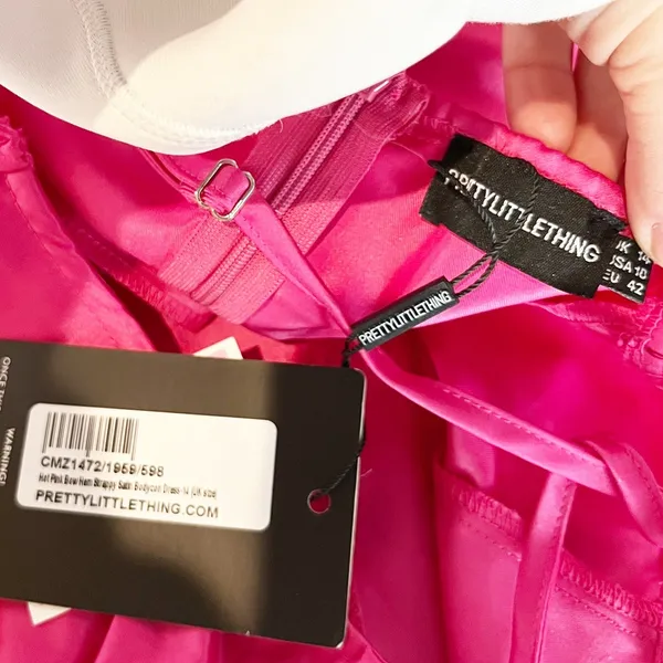 PrettyLittleThing Bow Hem Satin Mini Slip Dress Pink 10 - Image 3