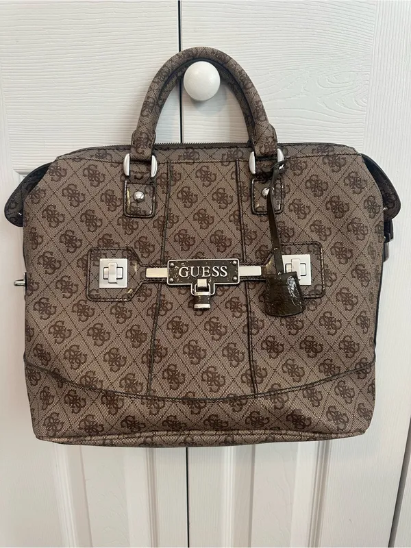 GUESS Brown Monogram Satchel Purse with Logo Plaque - Image 3