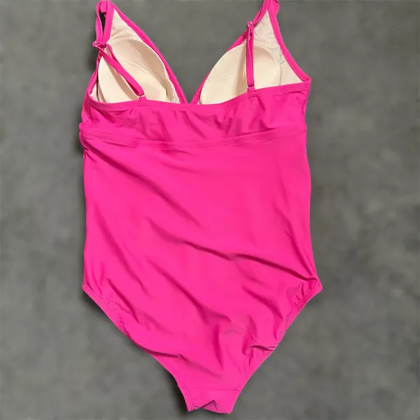 Isabel Maternity One Piece Swimsuit LARGE Pink Ruffle Plunge Padded Ruched Beach - Image 4