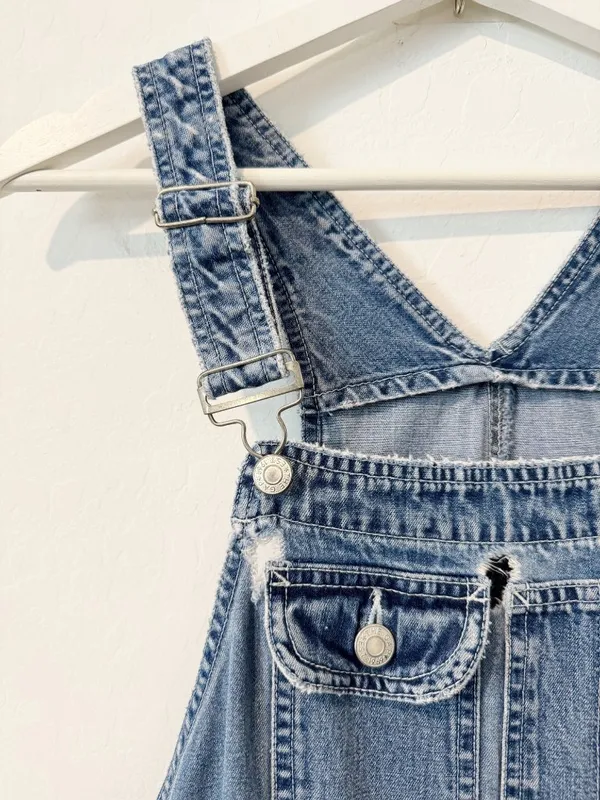Gap Vintage Overalls Size Small Blue Rigid Denim Relaxed Straight Leg Distressed - Image 4