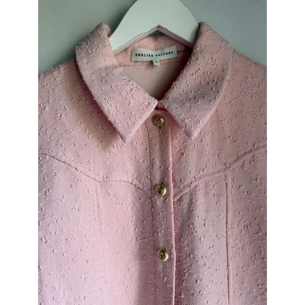English Factory Jackie O Mod Textured Shift Dress Pink Gold Buttons M - Image 3