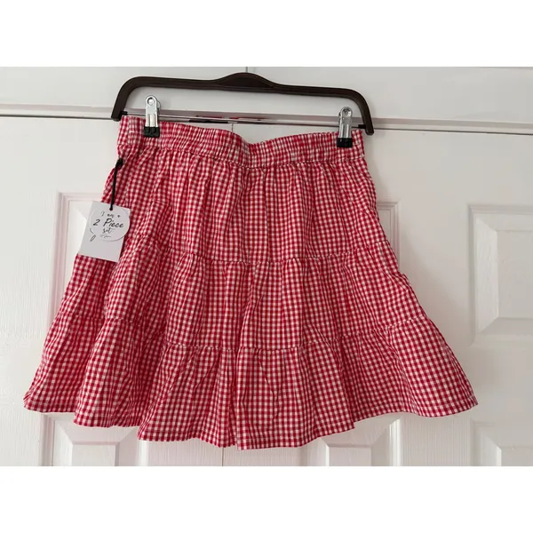 Japna Red White Gingham Tiered Mini Skirt Elastic Waist 81867 SET Size M - Image 2