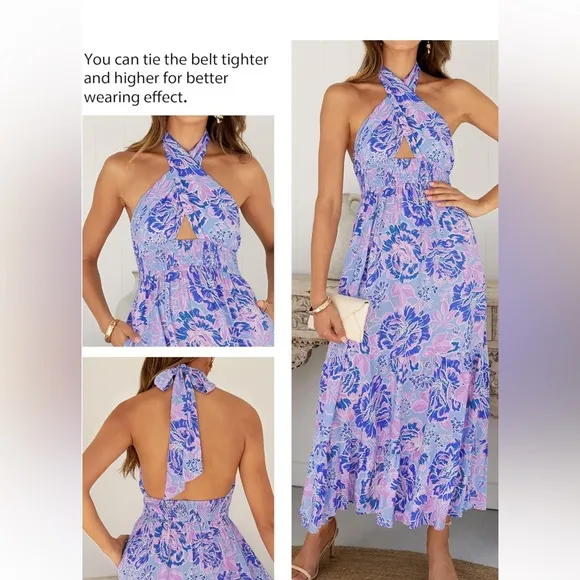 Zesica Floral Halter-Neck Maxi Dress in Blue and Purple | Size Medium - Image 2