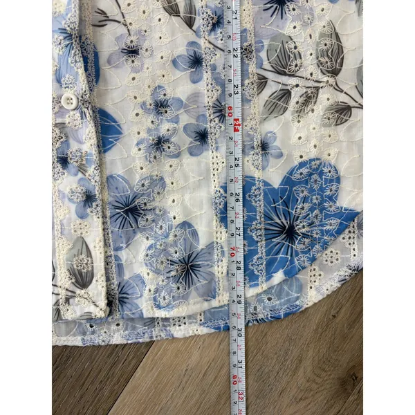 Adiva Button Front Blouse Medium Blue Floral Sheer Long Sleeve Shirt Top - Image 4