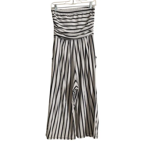 J For Justify Strapless Pockets Black and White Striped Wide Leg Romper Jumpsuit - Image 2