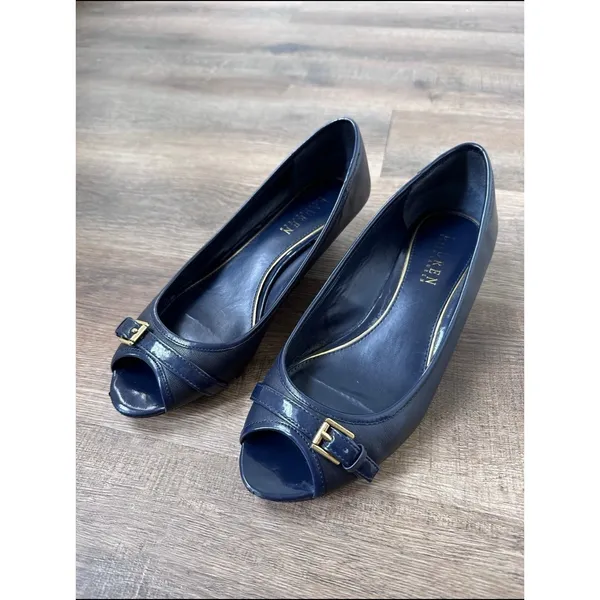 Ralph Lauren Madison Wedge Buckle Slip On Blue Peep Toe Shoes Women's Sz 8.5B‎ - Image 3