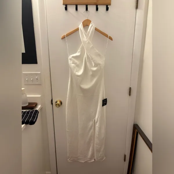 Lulus Beyond Classy White Satin Halter Midi Dress Size Large Bridal Bachelorette - Image 3