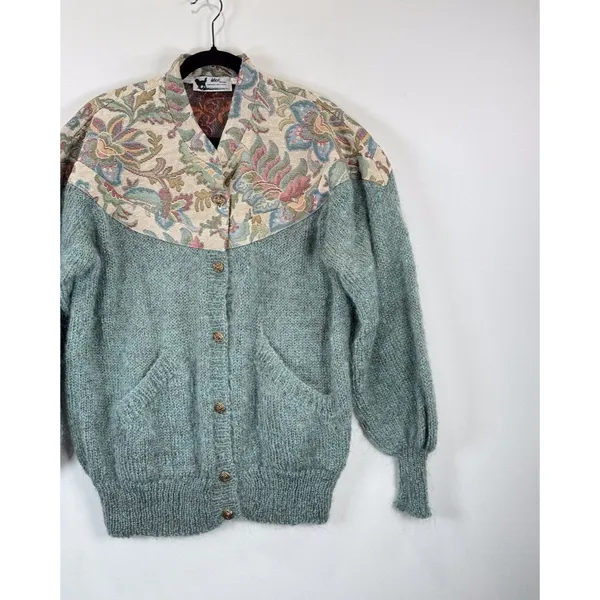VINTAGE Woof Womens Cardigan Green Floral Folk Tapestry Wool Sweater 90s Large - Image 5