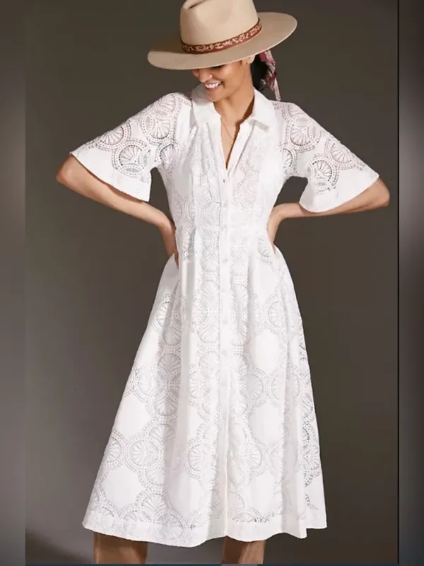 Anthropologie White Eyelet Midi Dress with Cutout Back - Image 4