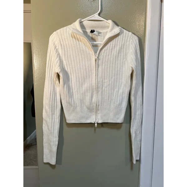 Divided H&M Women's Size Small Full Zip Cardigan Sweater White Ribbed Double Zip - Image 2