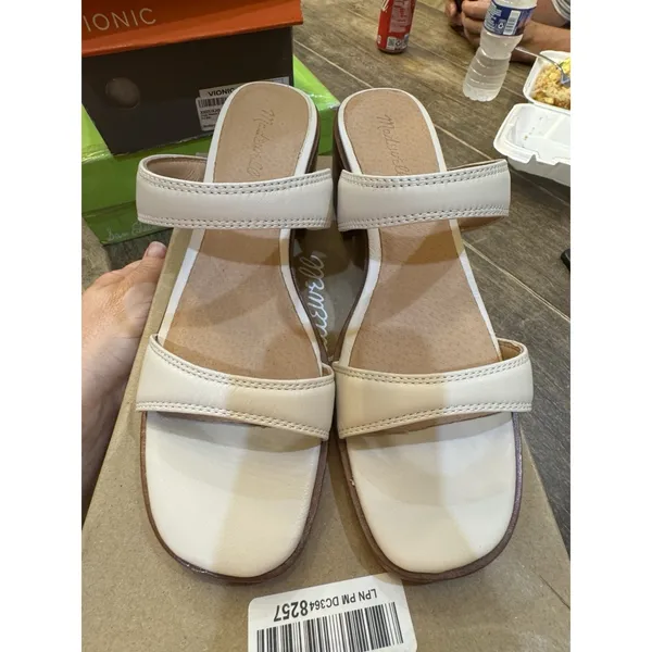 Madewell The Saige Double Strap Heeled Mules Sandal Leather Pale Oyster Size 11 - Image 4