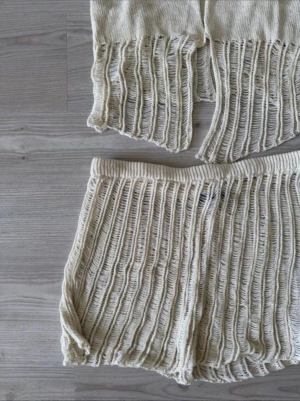 Cotton Candy Cream Knit Crop Top & Shorts Set Coverup - Image 3