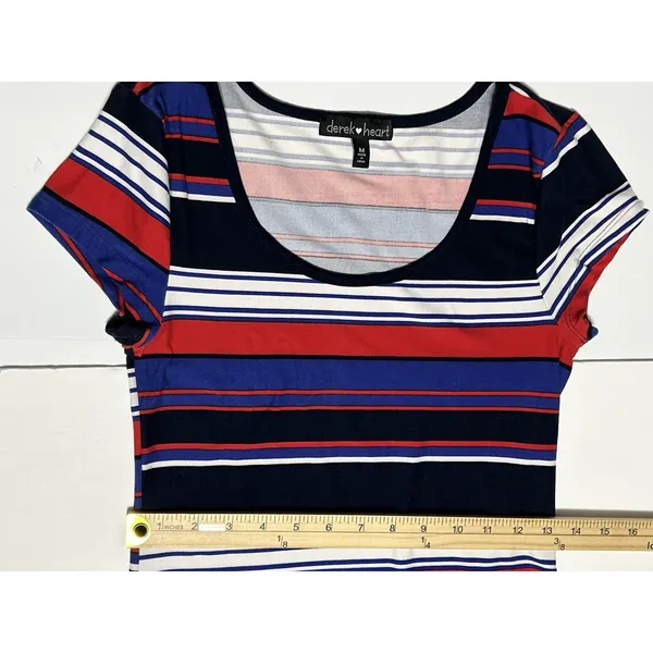 Derek Heart Striped Maxi Dress Med Blue Red White Jersey Knit Short Sleeve VGUC - Image 12