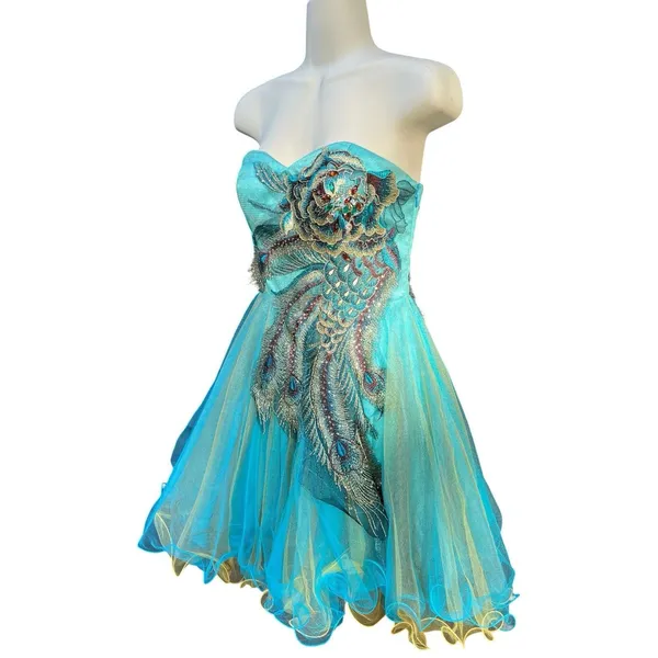 Whimsigoth Peacock Beaded Embroidered Corset Tulle Mini Dress Dave & Johnny Sz 0 - Image 3