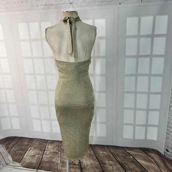 Capsulle Gold Metallic Halter Open Back Sleeveless Midi Bodycon Dress Large - Image 5