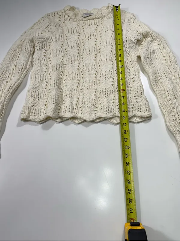 Worthington 100% Cotton Cream Scalloped-Hem Openwork Crewneck Sweater - Image 3