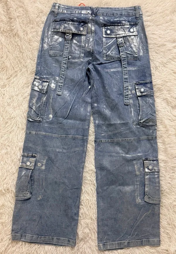 Vibrant M.I.U. Metallic Wide leg Cargo Denim Pants - NWT - Womens Size L 32”W - Image 7