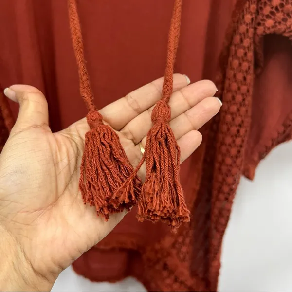 NWT Free People mauve Rust Hooded Poncho with Tassels 100% cotton oversized - Image 9