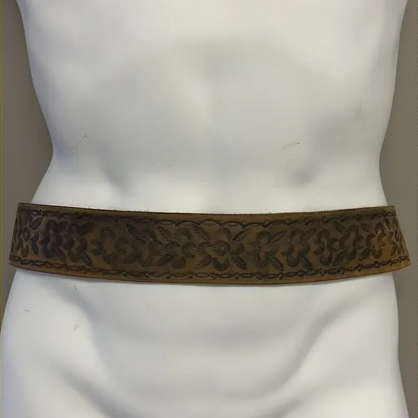 Brown Western Leather Embossed Floral Inspired Belt with Shiny Silver Hardware - Image 2