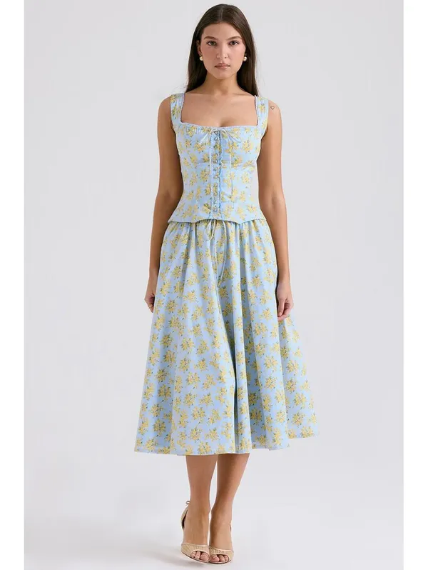 House of CB Cora Gathered Lace-Up Cotton Midi Skirt Soft Blue Vintage Floral - Image 5