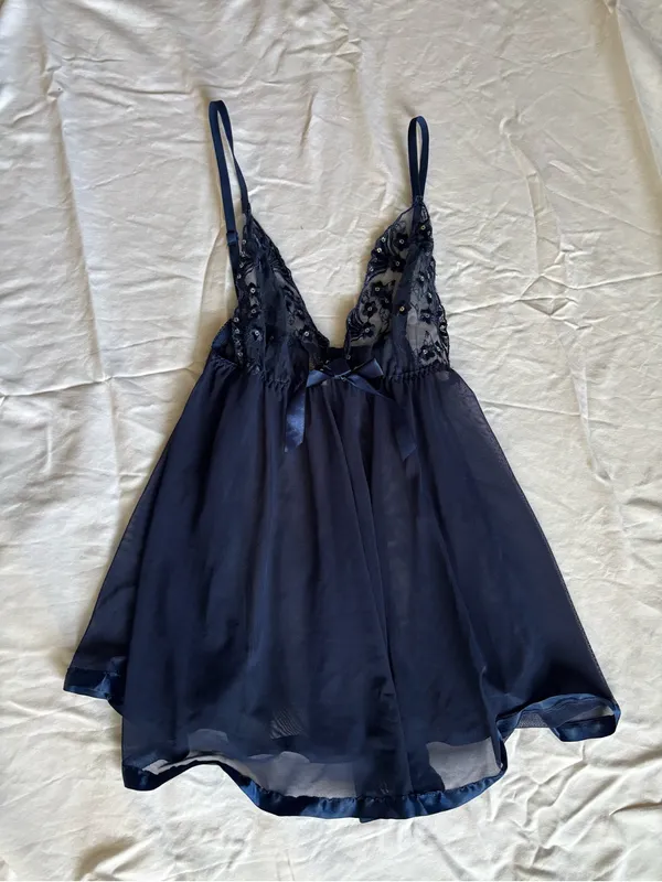 Navy Blue Lace Babydoll Nightie with Satin Bow - Image 3