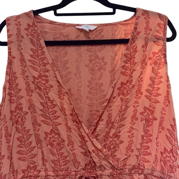 Time and Tru XL Orange Floral Print Deep V Elastic‎ Tie Waist Mini Dress Pockets - Image 3