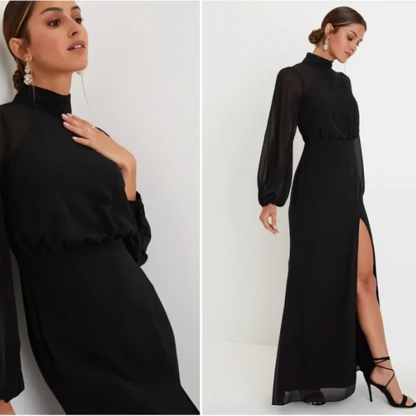 LULU's Sexy Long Sleeve Romantic Formal Event Bridesmaid Wedding Thigh Slit Maxi - Image 4