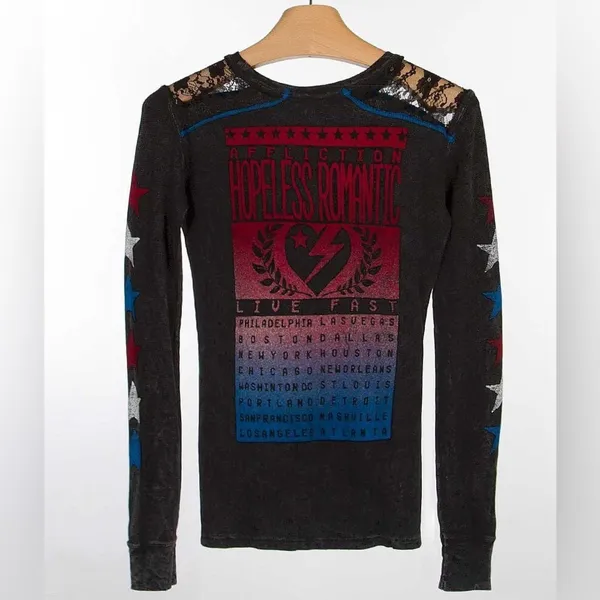 VINTAGE Y2K Affliction Breakdown American Thermal Graphic Top Grey/Blue/Red XS - Image 3