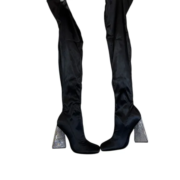 NEW ASOS Glam Black Over-the-Knee Stretch Boots Crystal Embellished Cone Heel - Image 5