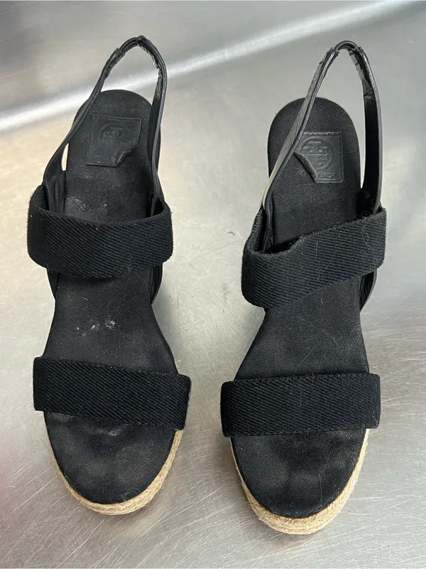 TORY BURCH Wedge Espadrille 2 Band Canvas & Leather Black Sandal- Size 7.5 - GUC - Image 3