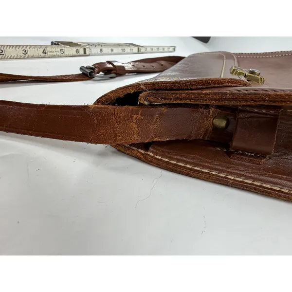Vintage Brown Leather Crossbody Satchel Bag Contrast Stitch Brass Hardware - Image 7
