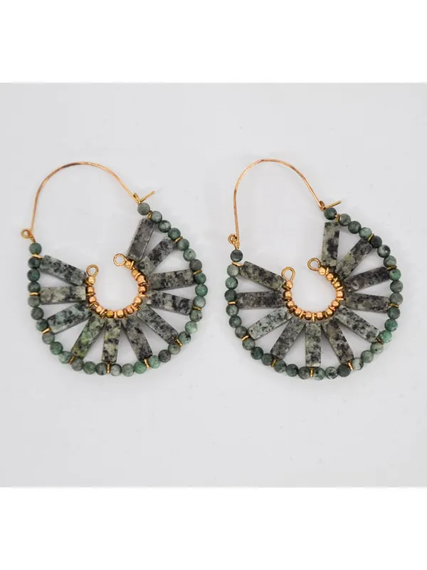 Anthropologie Green Stone Hoop Earrings Gold Toned - Image 4