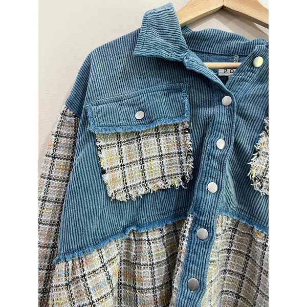 POL Plaid Corduroy Shacket‎ Raw Hem Boho Oversized Button Down Size L - Image 4