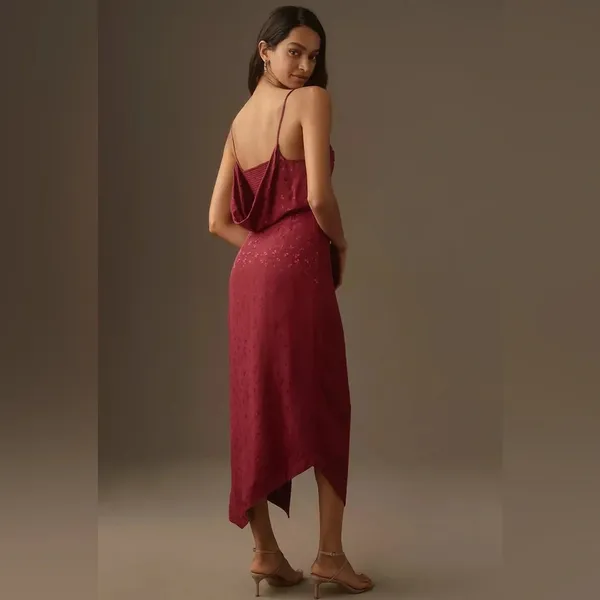 By Anthropologie Asymmetrical Slip Midi Dress Maroon Floral Printed Size 12 - Image 3
