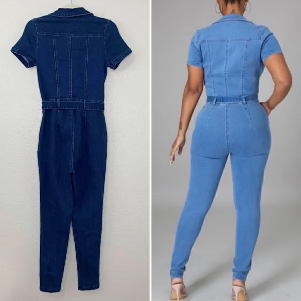 NWOT Haute Monde Zip Up Front Denim Short Sleeves Bodycon Jumpsuit, Sz Small - Image 9