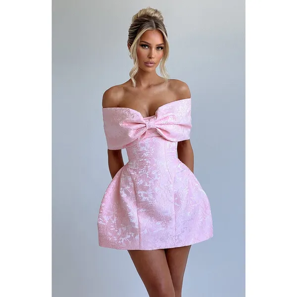 NWT Babyboo Raquel Blush Floral Jacquard Bow Off-The-Shoulder Mini Dress Size M - Image 7