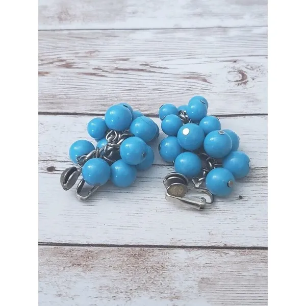 Vintage Clip On Earrings Bright Blue Balls Dangle Large Statement - Image 3