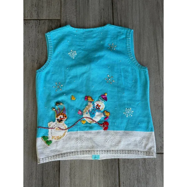 Vintage Berek Ugly Christmas Sweater Vest Small Snowman Embroidered Jingle Bells - Image 5