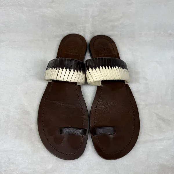 Tory Burch Woven Leather Toe Loop Flat Sandals Brown Cream Size‎ 7 - Image 4