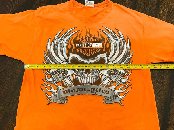 Harley Davidson Shirt Mens Medium Orange Short Sleeve Graphic Tee Biker Skull - Image 8