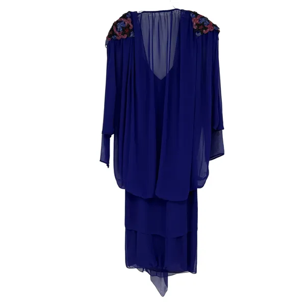 Vintage 1982 Casadei Purple Beaded Chiffon Draped Cocktail Dress Size 10 - Image 2
