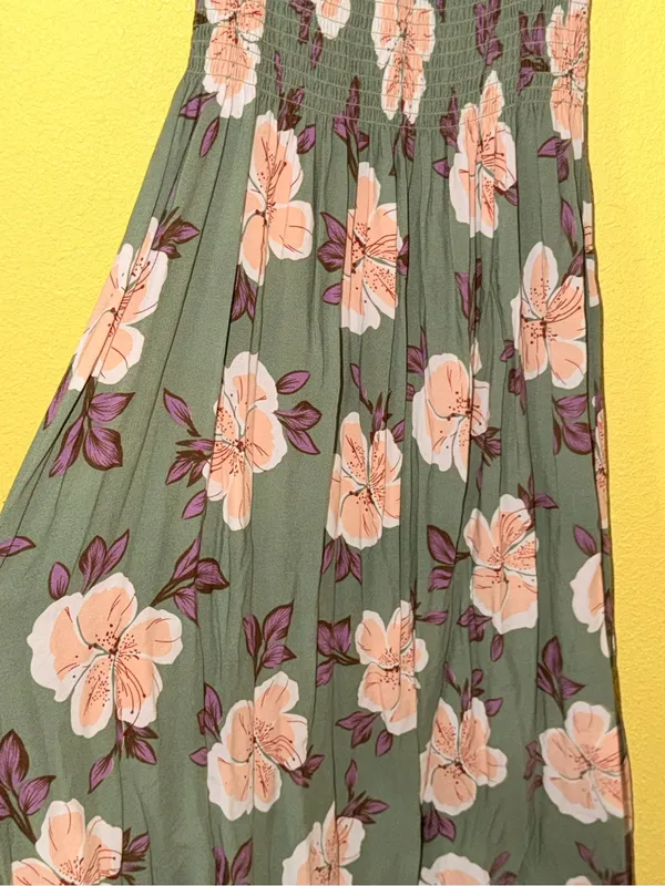 Olive Green Floral Maxi Dress with Puff Sleeves - Image 6