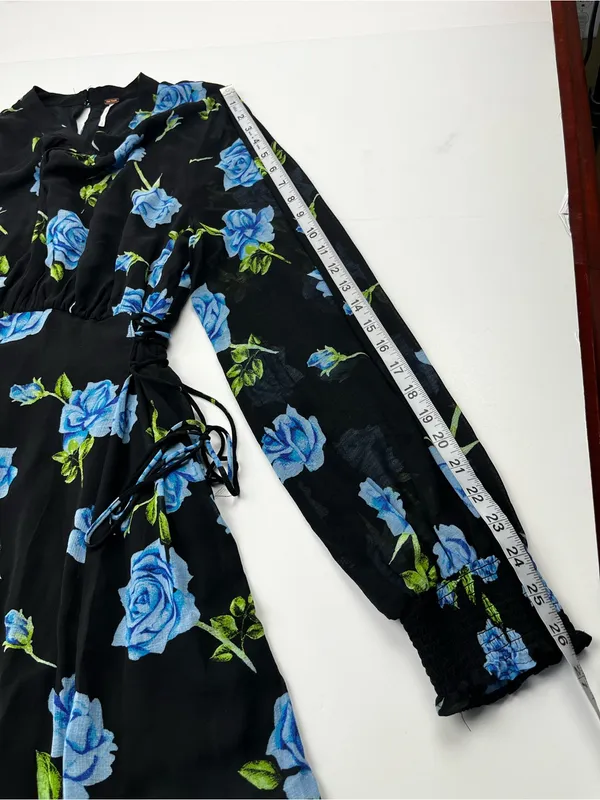 Free People Samantha Lace Up Mini Dress Black Floral Blue Combo Womens Large - Image 10
