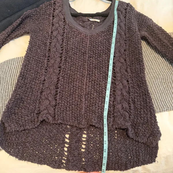 Free People V-Neck Open Cable Knit Charcoal Hi-Low Sweater - Image 6