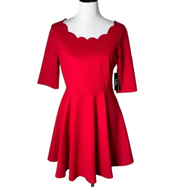 Lulus Red Scalloped Mini Skater Dress Womens L Stretch Knit Flared Fit & Flare - Image 2